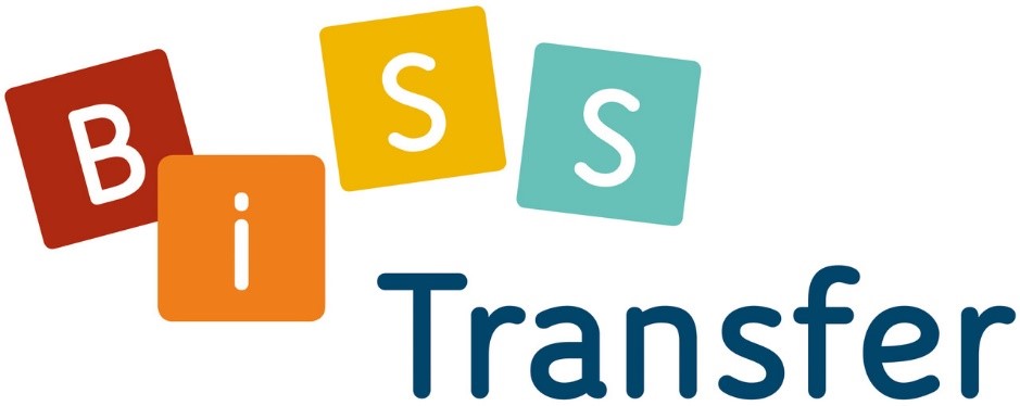 Das Logo von "BiSS": Die Buchstaben B, I, S, S sind in farbigen Würfeln dargestellt, darunter steht das Wort "Transfer"
