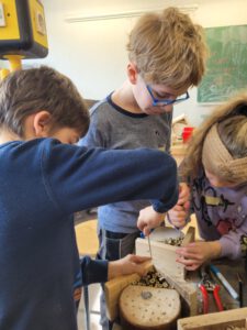 Drei Kinder befestigen mit Schraubenziehern Haken an ihren Insektenhotels